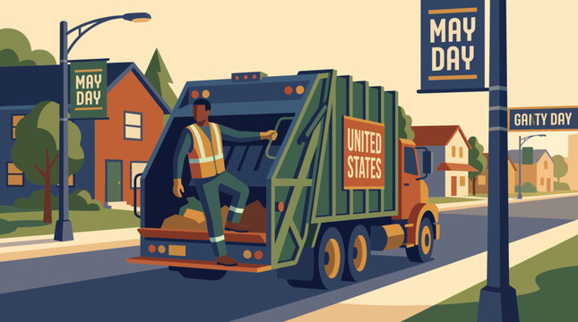 Sanitation Worker on Garbage Truck in Residential Suburb May Day