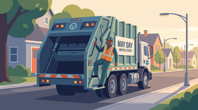 Garbage Truck and Worker in Suburban Neighborhood Vector Illustration