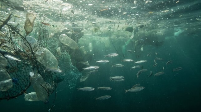 Underwater scene with plastic pollution and fish swimming