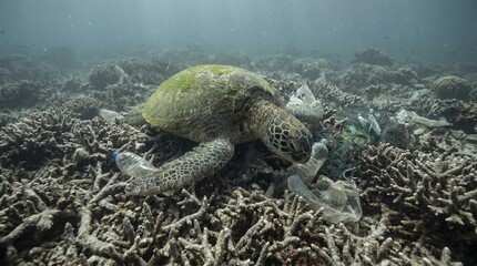 Sea turtle swimming through polluted coral reef with plastic waste © Suparjo