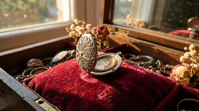 Ornate silver antique locket displaying cherished photographs on velvet with sunlight filtering through a window