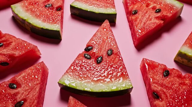 This features a visually appealing arrangement of fresh watermelon slices on a pink background, highlighting the fruit's vibrant colors and juicy texture. The close-up shot showcases the intricate