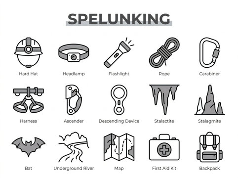Professional collection of monochromatic charcoal gray line art icons featuring spelunking equipment and cave exploration elements arranged in a clean grid