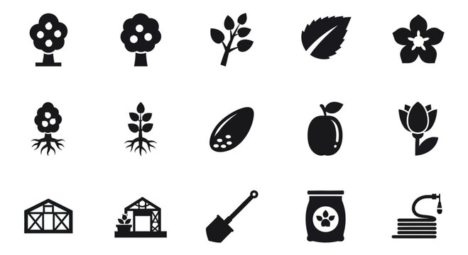Black and white icons depicting various gardening and plantrelated objects