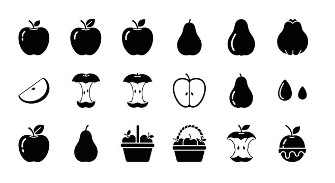 Black and white icons of various apples pears seeds and fruit preparations