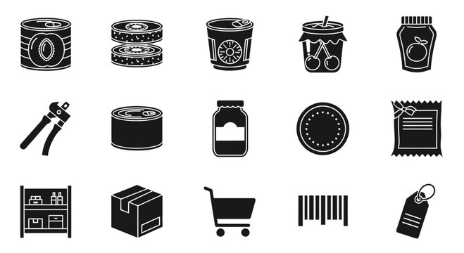 Black silhouette icons of canned goods jars tools packaging and retail elements