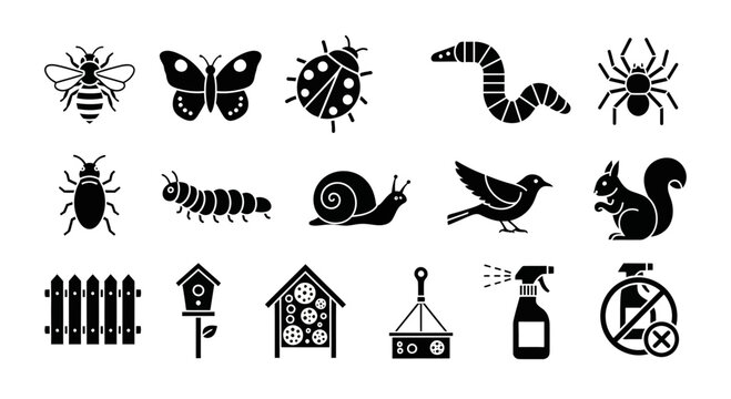Black silhouette icons of garden animals insects structures and pest control tools