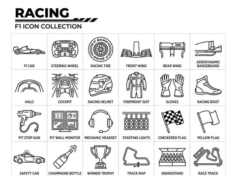 Comprehensive collection of black and white line art racing icons featuring professional motorsport equipment and track essentials on a white background