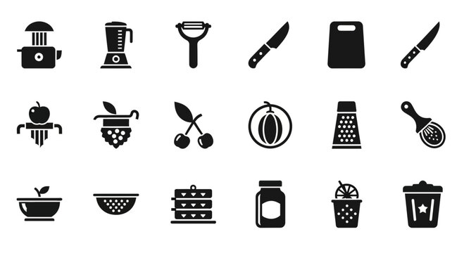 Black silhouette icons related to fruit preparation processing and storage tools