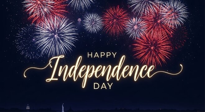 Elegant golden cursive lettering for Independence Day is centered against a dark background illuminated by colorful bursting fireworks.
