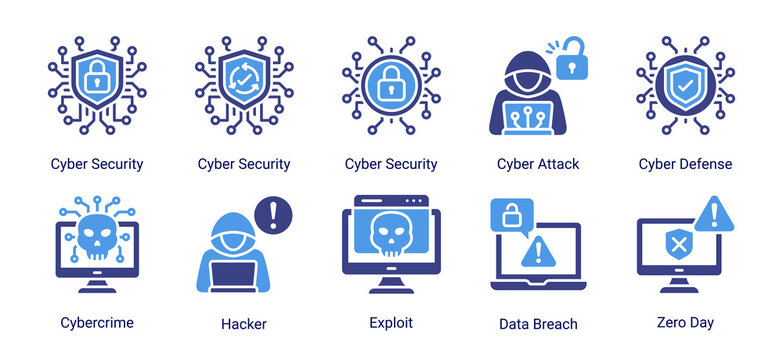 Cyber security icon set including hacker,cyber attack,exploit and data breach concepts.Ideal for cybersecurity services,network defense and digital protection solutions.