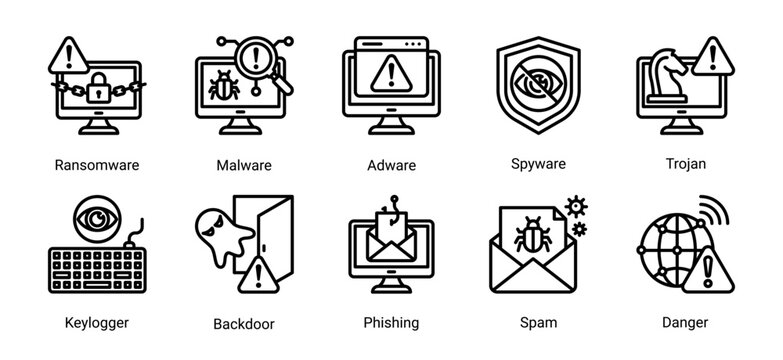 Malware threat icon set featuring ransomware,spyware,trojan,phishing and cyber attack risks.Perfect for cybersecurity threat visualization,hacking concepts and digital danger awareness.
