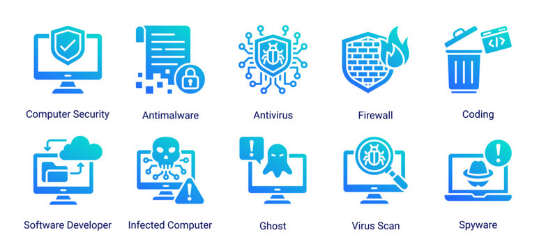 System security icon set featuring antivirus,firewall,coding and infected computer concepts.Perfect for cybersecurity software,system protection and digital security solutions.