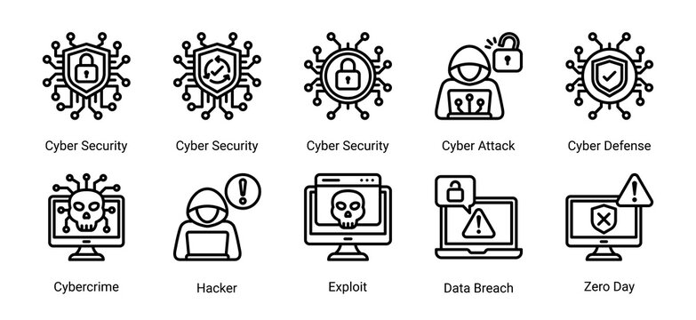 Cyber security icon set including hacker,cyber attack,exploit and data breach concepts.Ideal for cybersecurity services,network defense and digital protection solutions.