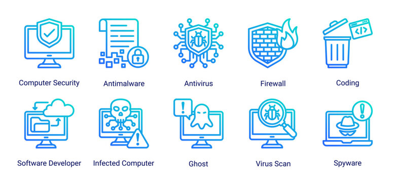 System security icon set featuring antivirus,firewall,coding and infected computer concepts.Perfect for cybersecurity software,system protection and digital security solutions.