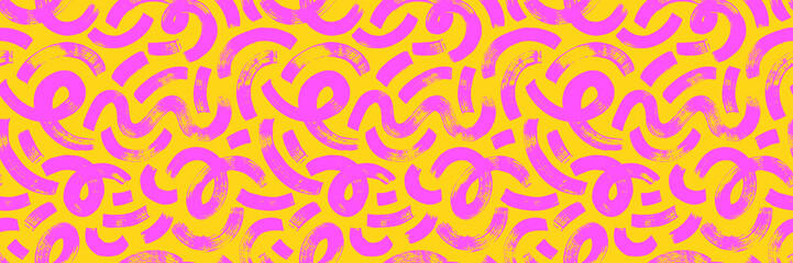 Plakat Funky seamless pattern with squiggles and bold curved lines. Bold and thick swirls and curved lines ornament. Yellow pink neon graphic seamless pattern with abstract swirls, squiggles and dots.
