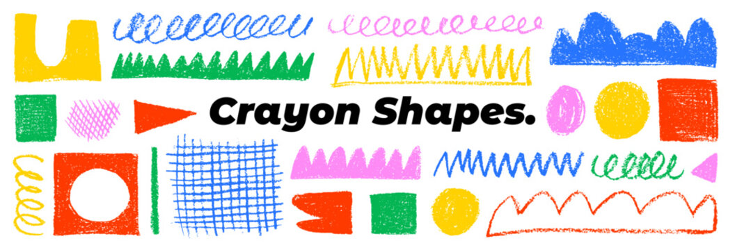 Colorful crayon drawn geometric shapes and scribbles. Hand drawn grid, funky geometric shapes, zigzag and curved lines. Kids pencil drawings. Colorful funky doodle lines and figures.