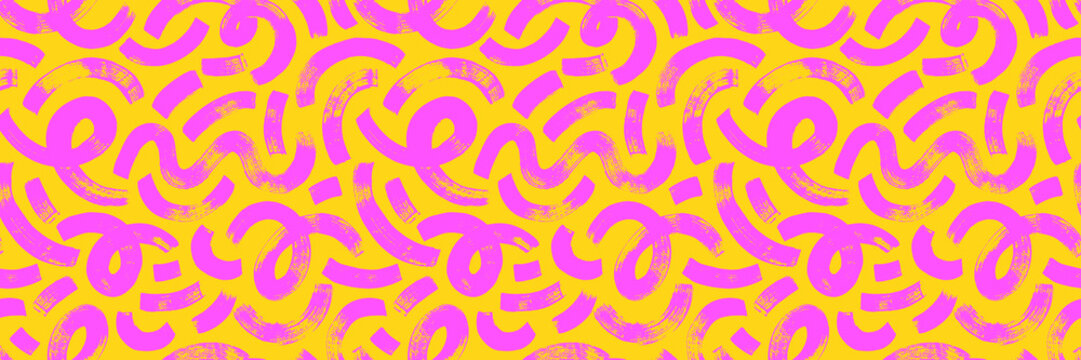 Funky seamless pattern with squiggles and bold curved lines. Bold and thick swirls and curved lines ornament. Yellow pink neon graphic seamless pattern with abstract swirls, squiggles and dots.