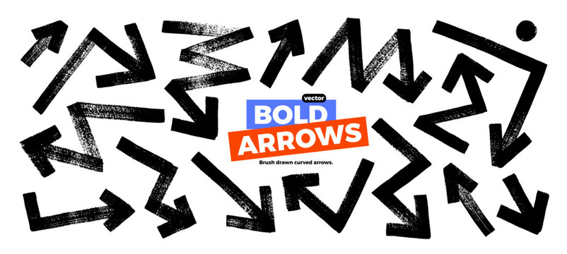 Bold and thick grunge straight and zigzag arrows. Hand drawn vector png bold brush drawn arrows. Vector inky illustration. Gold geometric lines and shapes. Folded zigzag lines in different direction.