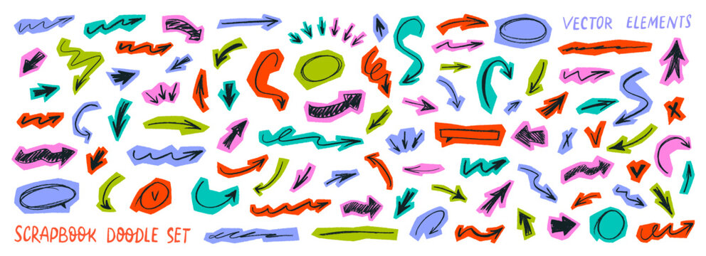 Colorful funky scrapbook collage arrows collection. Crayon, pencil or charcoal arrows cut out on colorful scrapbook paper. Torn pieces of paper with speech bubble drawings, scribble oval clip art.