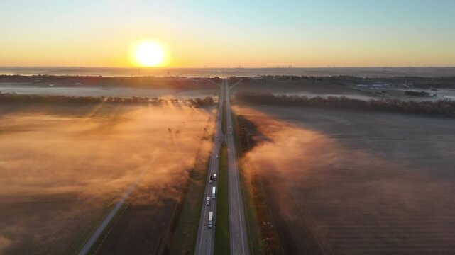 Western Iowa Sunrise From Above While Interstate 80 Traffic Passes By