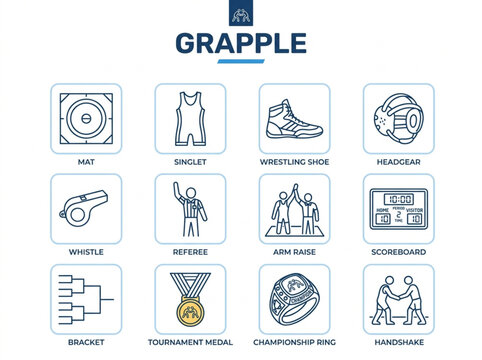 Professional collection of navy blue and gold line art icons featuring wrestling equipment and competitive grappling elements arranged in a clean grid