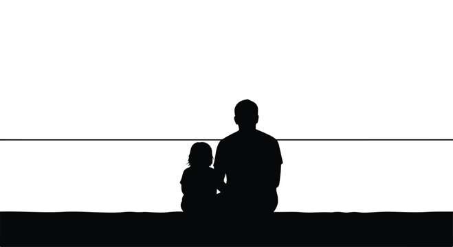 Silhouette of a loving father and child sitting together, enjoying family bonding and togetherness on a peaceful evening