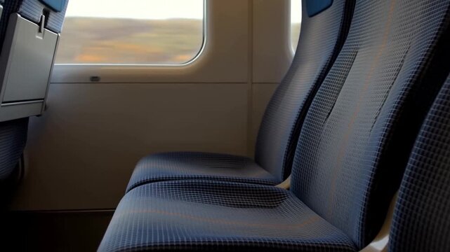 A Tranquil Train Journey: Capturing the Comfort of Empty Seats in a Moving Train with Scenic View Beyond the Window