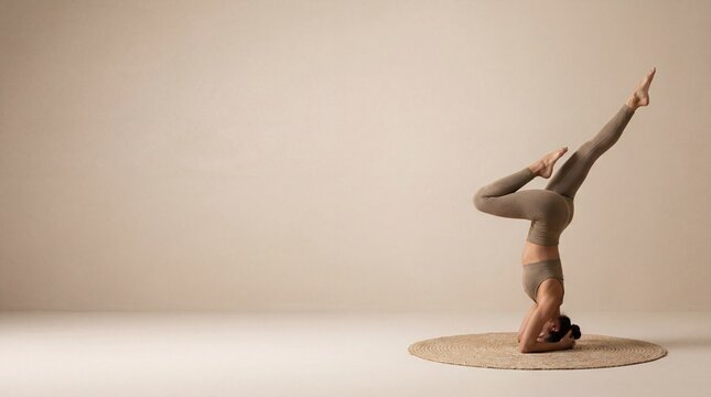 Fit woman practicing yoga headstand pose for wellness in a studio setting