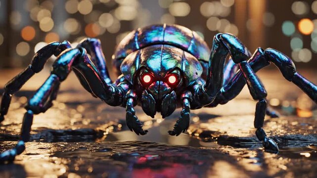 Cinematic 3D render of a mechanical iridescent spider with chrome metallic plating and glowing red eyes standing on wet ground with reflections of city lights in the background.