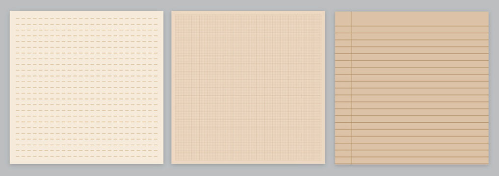 Vintage paper textures set, 3 brown notebook paper vector backgrounds, aged grid and lined paper sheets for scrapbooking and digital journaling