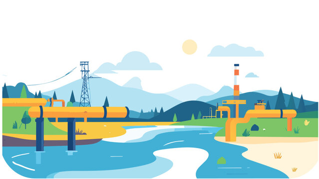Natural gas pipeline and industrial facility landscape with river, mountains, and transmission tower flat design illustration
