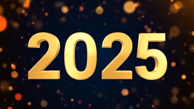 Animated gold text against a dark blue background with bokeh effects, showing the year 2025
