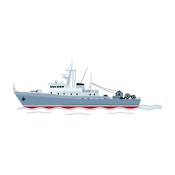 Sleek Grey Naval Vessel Illustration Sailing Open Seas - Maritime Patrol and Transport Concept