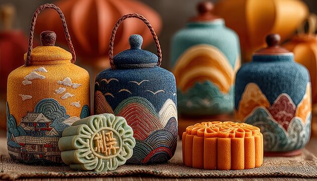 Mooncakes and decorative lanterns for a festive Mid-Autumn celebration scene