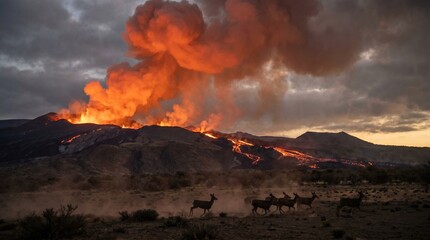 Fototapeta premium Wild deer running near erupting volcano at sunset