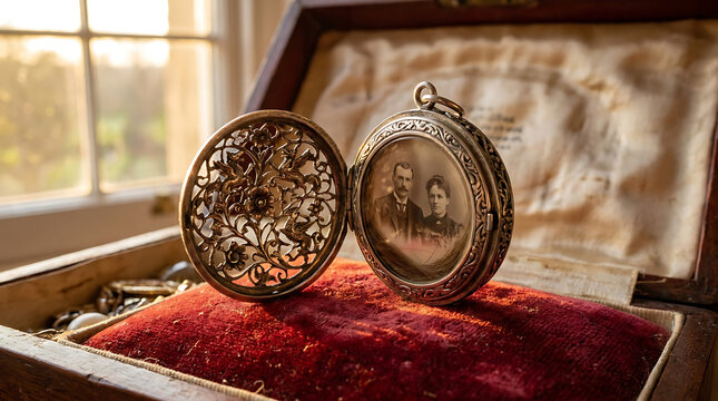Ornate antique silver locket open revealing a vintage couple portrait, showcasing intricate filigree and floral details