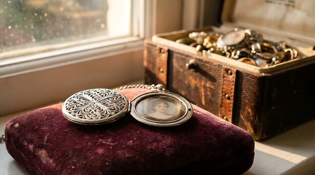 Ornate antique silver locket with portrait open next to a treasure chest