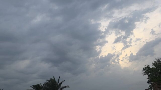 Clouds drifting across a moody overcast sky above palm trees and a traditional mudbrick wall in a desert oasis landscape 4K video (Ultra High Definition)