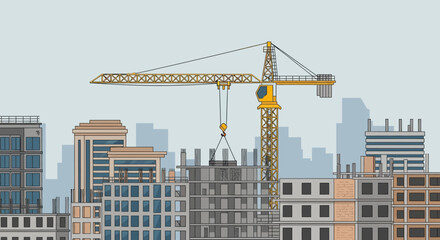 Fototapeta premium Construction crane building modern city skyline with unfinished skyscrapers, urban development.