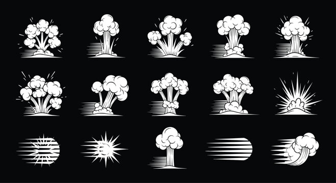 Variety of white comic explosion and smoke effect icons on black background for dynamic action and motion graphics element set.