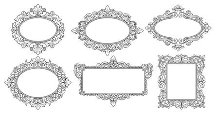 Obraz premium Set of intricate black and white line art frames with scrolls and flourishes for classic vintage decorative border design elements.
