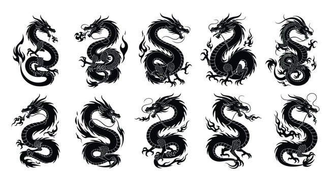 Set of ten black silhouette designs of traditional chinese dragons in different poses for oriental mythology and cultural art element set.