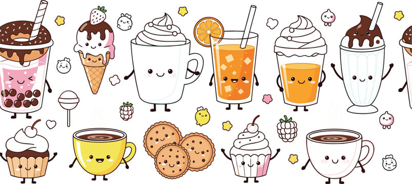 Cute kawaii dessert and drink illustration featuring bubble tea ice cream cupcakes cookies and coffee with smiling faces in colorful cartoon style