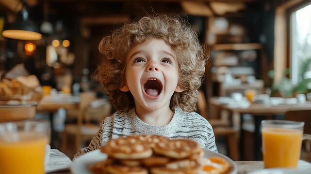 selective focus tired young child at breakfast table