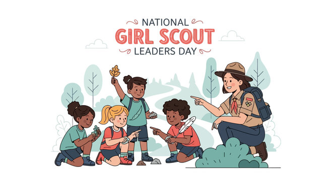 A scouting leadership illustration celebrates National Girl Scout Leaders Day, showing a mentor guiding young girls outdoors in a vector design with soft, pastel colors and a focus on youth