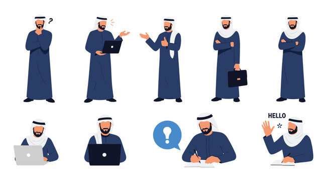 Professional arab man character in traditional thobe performing various tasks like using laptop thinking and writing.