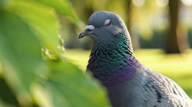 Closeup of a pigeon with vibrant iridescent neck feathers in soft sunlight.