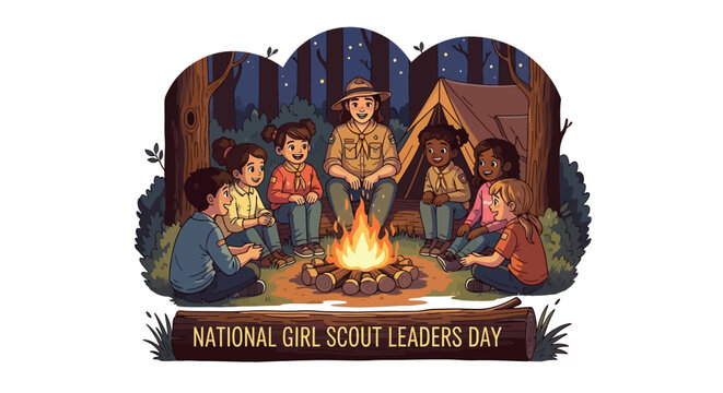 A scout leader guides young girls around a campfire near a tent in a forest illustration, promoting youth development and teamwork in a vector style with warm colors for National Girl Scout