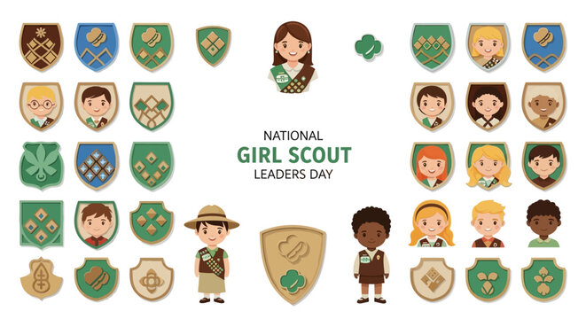 A flat lay vector illustration celebrates National Girl Scout Leaders Day with cartoon figures and badges arranged against a white background, conveying youth leadership and community